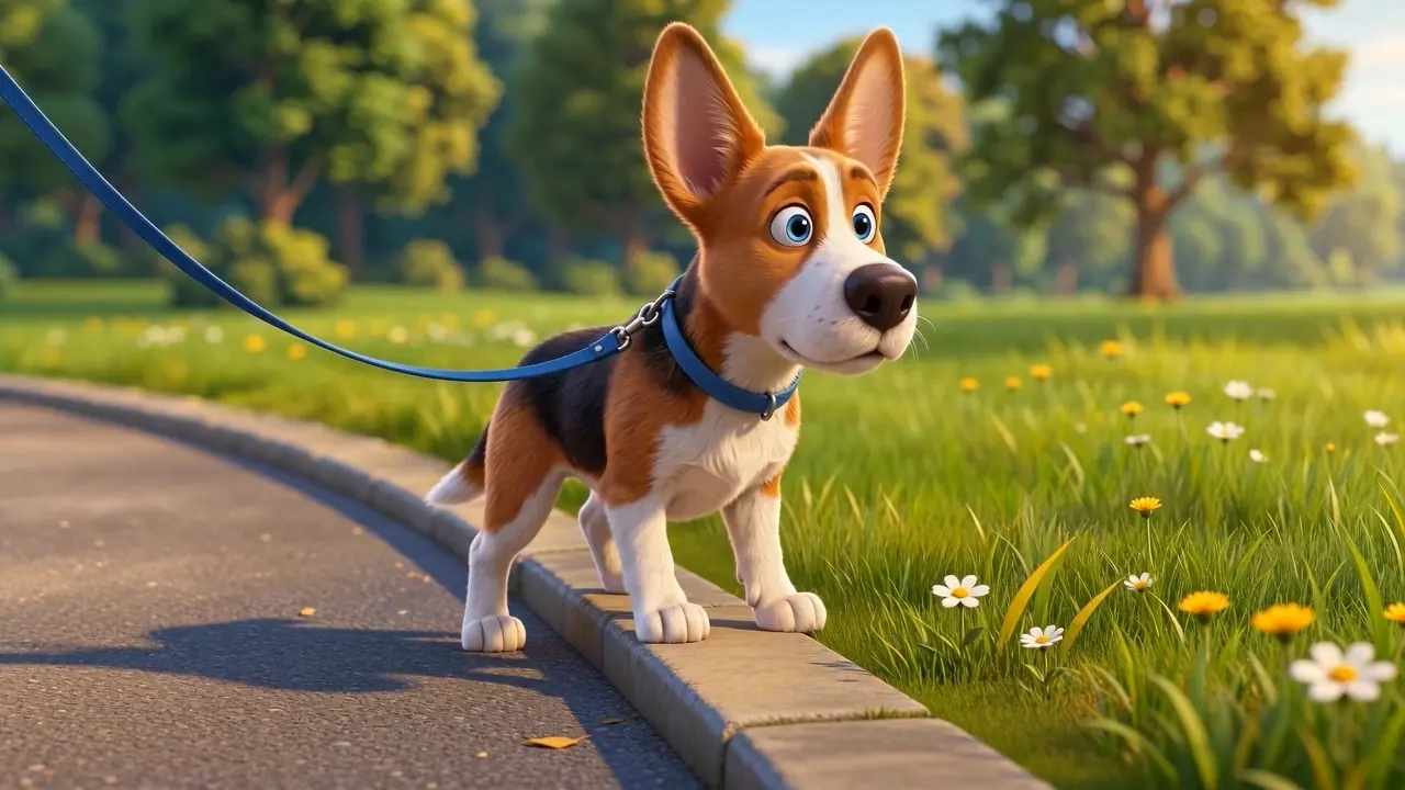 Benny sniffing at the grass beside a paved park path, leash taut.