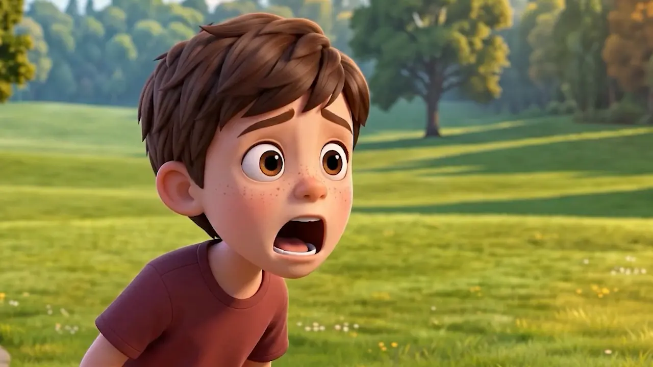 The boy shouting after his dog, mouth open, alarmed.
