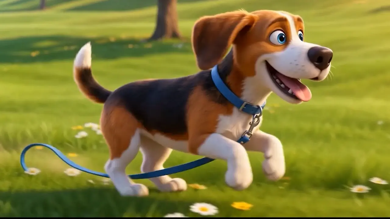 Benny sprinting through grass with his leash trailing behind him.