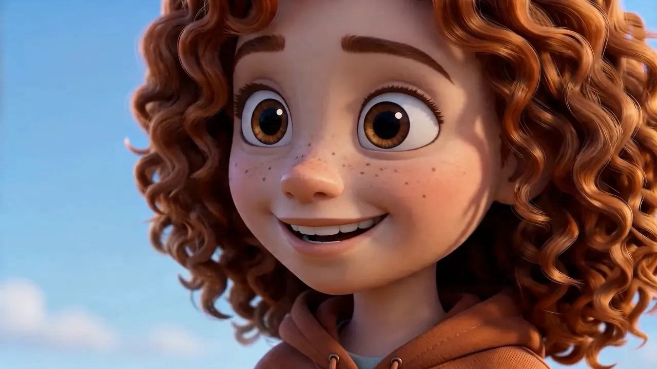 Close-up of the girl with curly red hair, smiling.