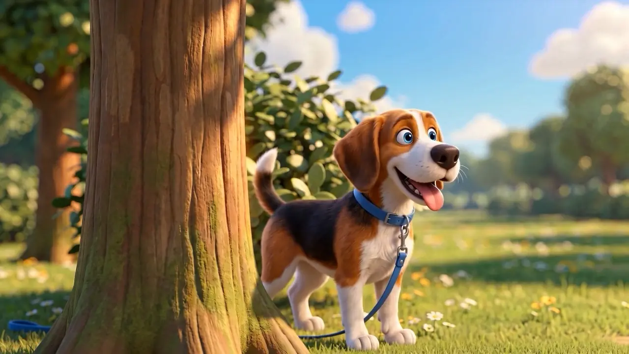 Benny pausing at the edge of the woods beside a large tree trunk.