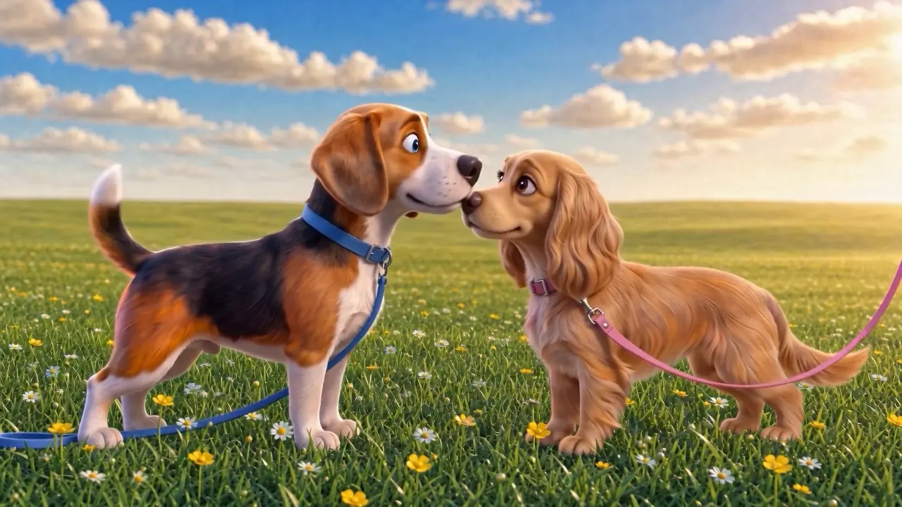 The two dogs meeting nose to nose in the meadow.
