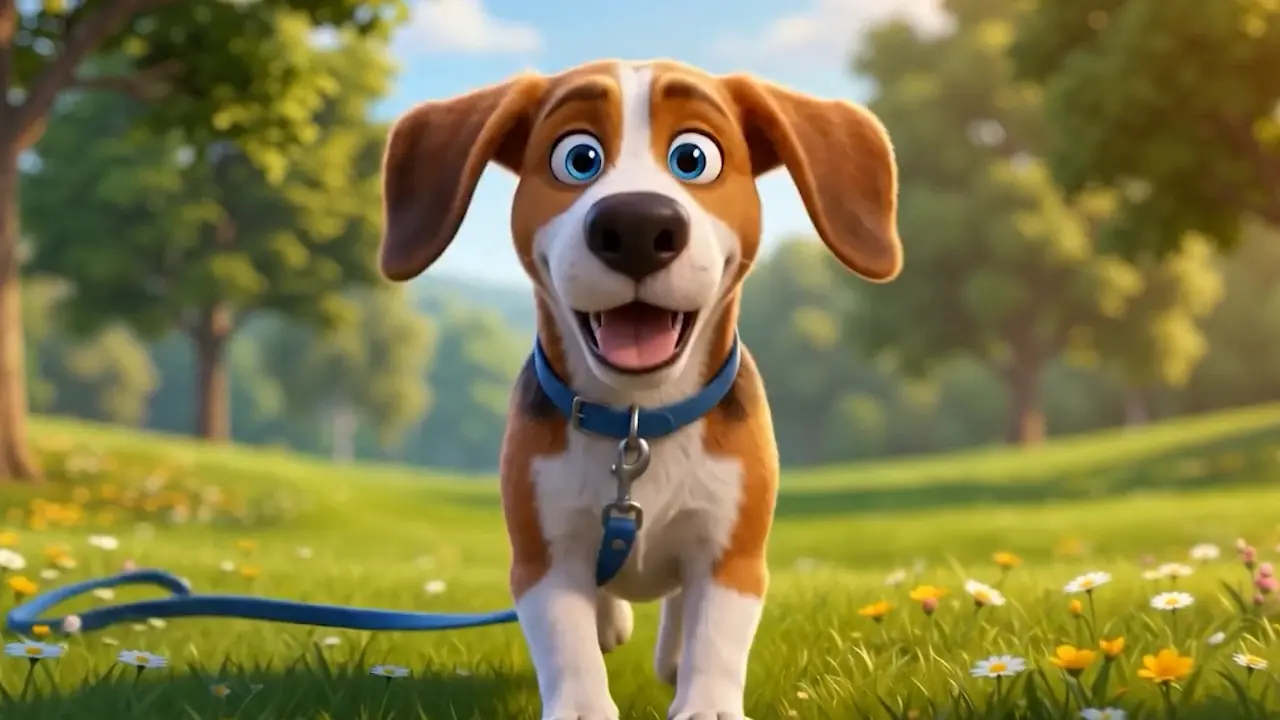 Benny the beagle, ears flying, running toward camera with his tongue out.