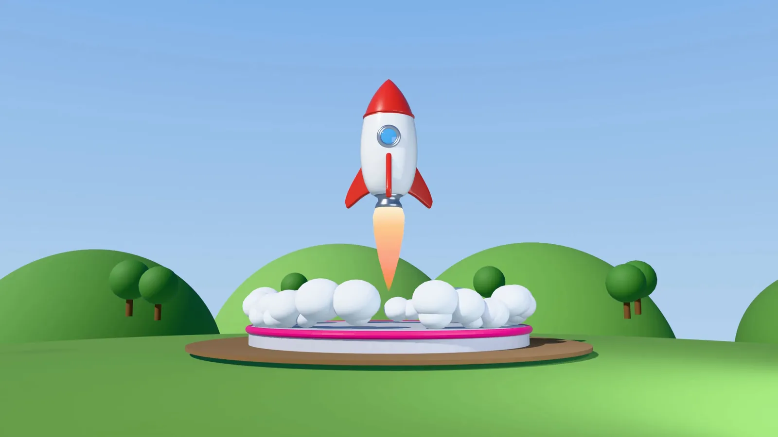 The rocket lifting off from a pink launch pad on a green meadow with trees, under a blue sky
