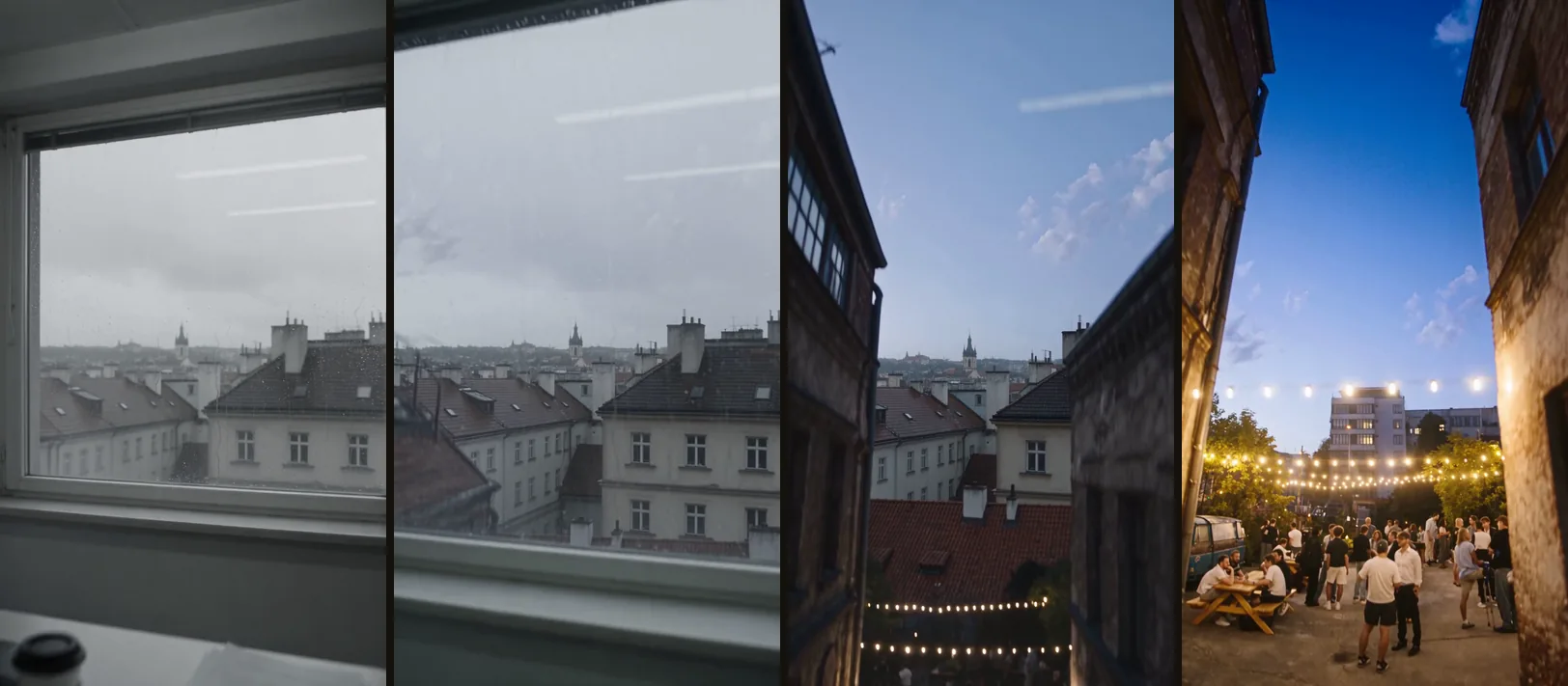 Four frames of the opening shot: a grey office window, wet rooftops through the glass, a flight between two buildings at dusk, and the courtyard full of people under string lights